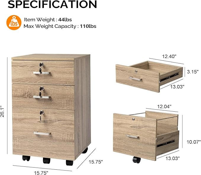 VINGLI 3-Drawer File Cabinet with Lock Wood Rolling Filing Cabinets for Home Office Mobile Printer Stand Under Desk File Organizer for Letter Sized Files 26 H(Caster Included) Oak