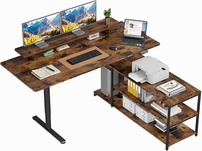 Standing Desk with File Cabinet 63x24'' L Shaped Electric Stand Up Desk with Adjustable Monitor Shelf Adjustable Height 28-46'' for Home and Computer Workstation Rustic Brown