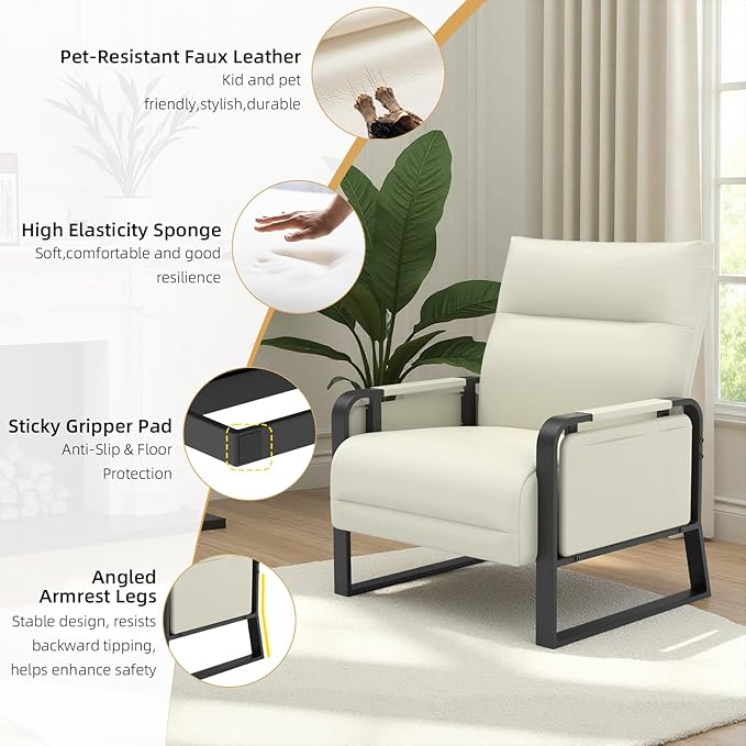 Faux Leather Accent Chair with Flip Up Tray Table Soft Backrest Side Pocket for Living Room Office Bedroom Leather Accent Chair Beige