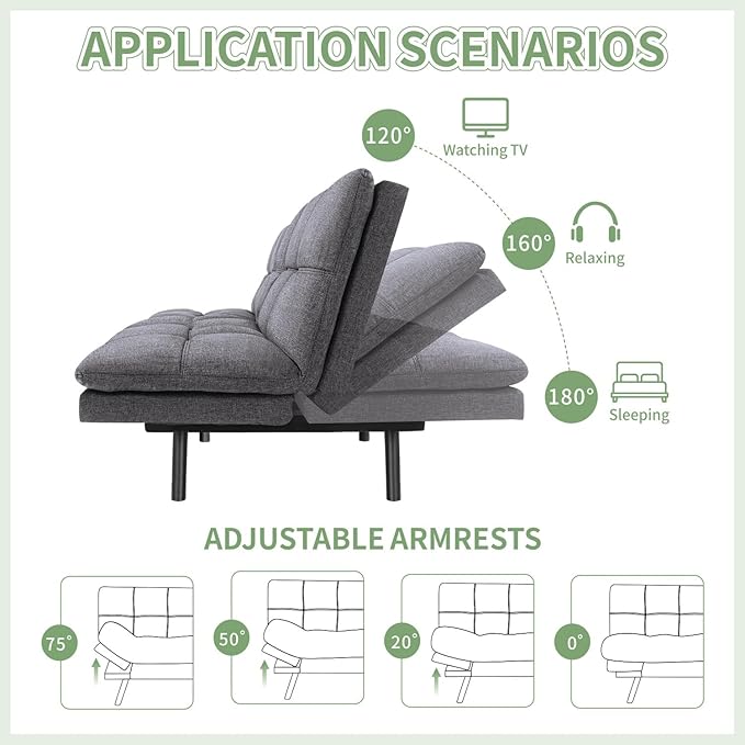 MUUEGM Convertible Futon Sofa Bed71 Memory Foam Futon CouchLinen Modern Loveseat Sleeper Couch with Adjustable Backrest &amp ArmrestDetachable Cushion for Living RoomOfficeApartmentGrey