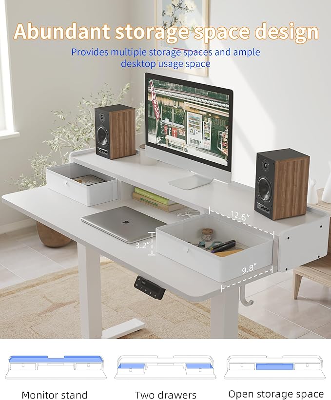 YIHAYO Electric Standing Desk with Drawers 60 x 24 Inches Adjustable Desk with Storage Shelf Computer Table with Splice Board for Home OfficeWhite Frame/White Top