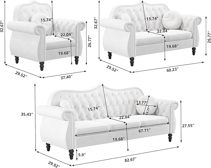 AVZEAR Chesterfield 2-Piece Living Room Sectional Sofa Set Mid-Century Modern Upholstered Velvet Sofa Couch Classic Tufted Button Sofa with Nailhead Trim for Living Room (1+2 Seat White)