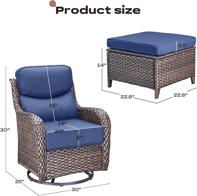 Rilyson Outdoor Patio Furniture Set - Weather Resistant WickerHigh Back6 inch Cushions4 Piece Patio Furniture Set with Swivel Rocker Chairs and Ottomans for Deck Porch YardBrown/Blue