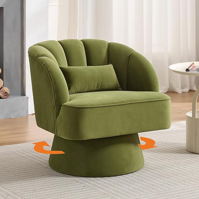 Swivel Barrel Chair - Velvet Upholstered Modern Armchair with Striped Backrest &amp Plush Padding Round Lounge Chair for Living Room Bedroom Small Spaces Green - (1 Pcs)