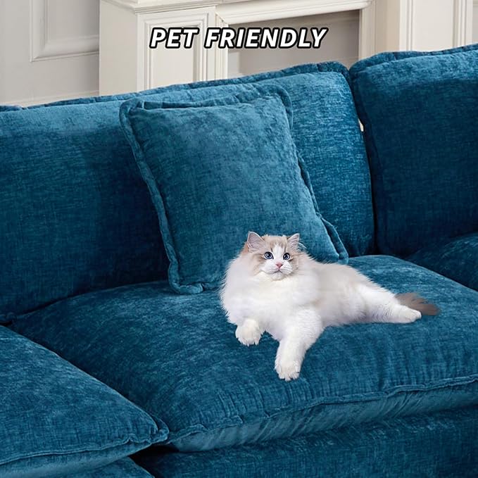 117.9 Modern Cozy Sectional Couches for Living Room Blue Chenille Comfy Cloud Couch Sectional 3 Seater Couch for Living Room Sofas para Sala I Shaped Sofas &amp Couches (Blue 3+0 Set)