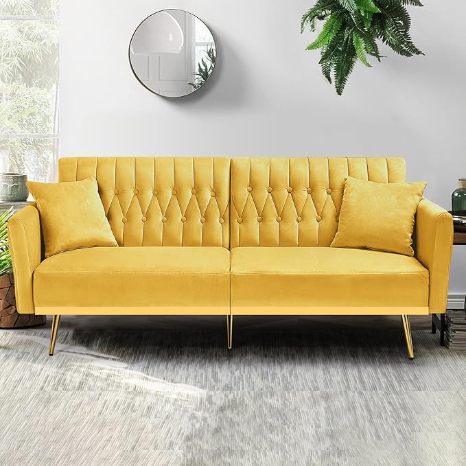 70” Velvet Futon Sofa Bed w/Adjustable Armrests &amp 2 Pillows Convertible Futon Couch w/Adjustable Backrests Modern Sleeper Bed for Living Room Bedroom Yellow
