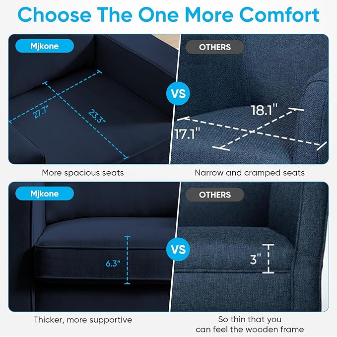 Mjkone Upholstered 360° Swivel Accent Chair with Metal Base Modern Chenille Swivel Single Sofa with Wide Armrests Mid-Century Single Sofa Square Reading Chair for Living Room Office Deep Blue