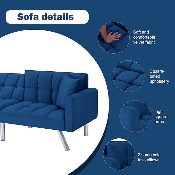 74 Futon Sofa BedConvertible Sleeper Couch with Adjustable Backrest and Pillows Comfy Velvet Cloud Sofa LoveseatModern Loveseat for Living Room and Bedroom（Navy Blue）