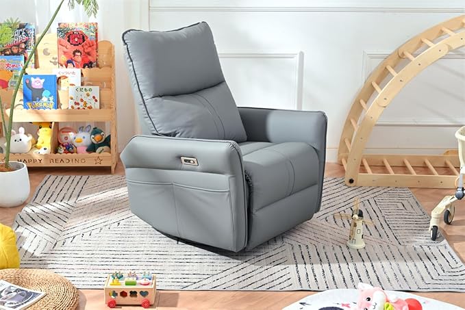 Ball &amp Cast Power Recliner Chair with USB and Type-c PortsSwivel Rocker Recliner Sofa W/Padded BackrestInfinite Position Power Lift Chairfor Living RoomBedroomHome TheatersBlue-Gray