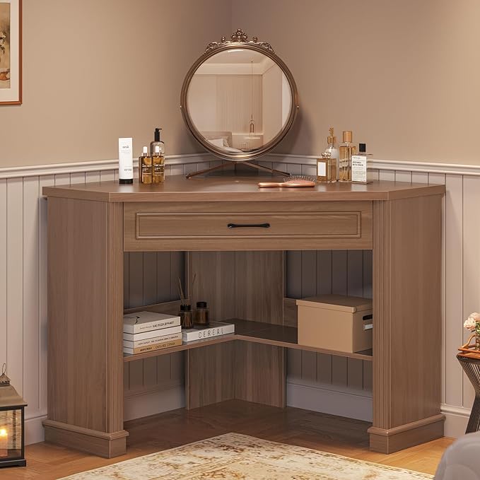 SEDETA Corner Desk for Small Space Corner Computer Desk Small Computer Desk with Drawers and Storage Shelves for Home Office Living Room Bedroom Brown