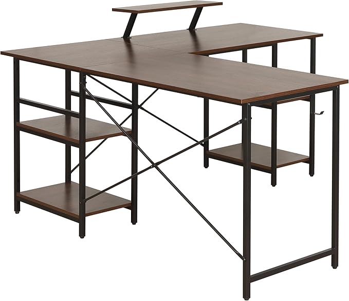 Techni Mobili Office Desk - Reversible L Shaped Desk with Storage Shelves Monitor Stand &amp Accessory Holder - Ergonomic &amp Industrial Workstation Corner Table with Durable Steel Frame Walnut