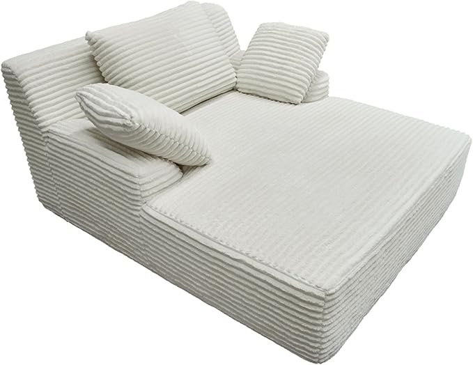 65.3'' Oversized Lounge Chaise Couch with Square Armrest Boneless Chaise Lounge with Cushions Corduroy Single Sofa Chair with 2 Pillows No Assembly for Living Room Apartment White