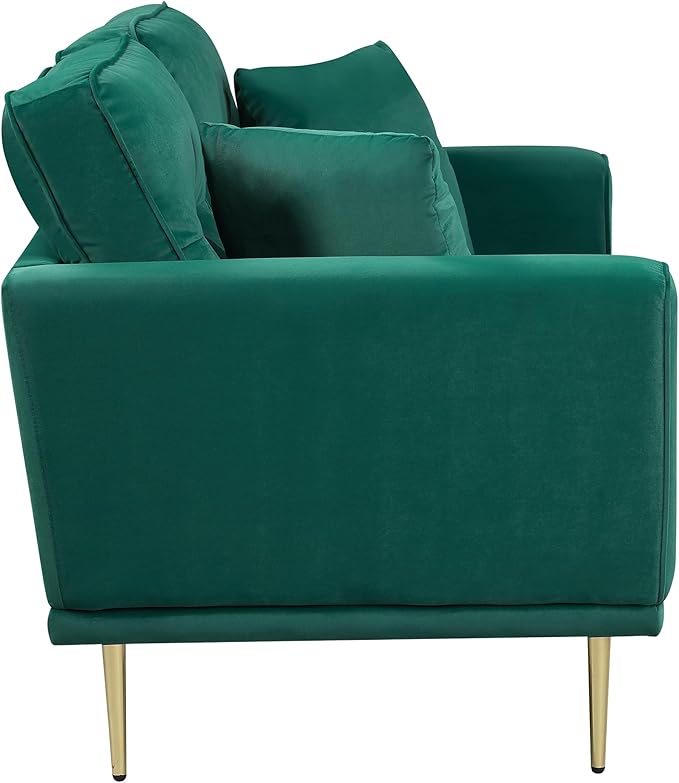 Lexicon Velvet Sofa Couch Modern Couches Metal Seat Base Metal Legs with Gold-Tone Finish 82 inch Sofa with 2 Throw Pillows 3 Seater Couches for Living Room Bedroom Apartment Green