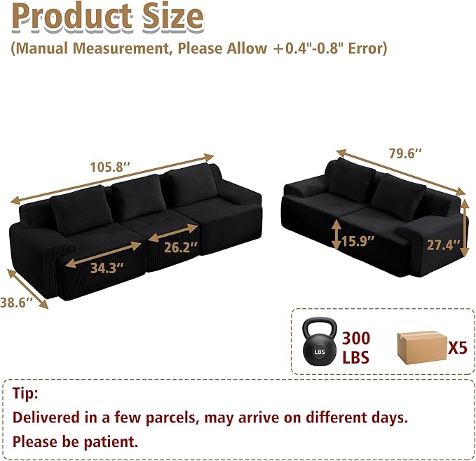 KIGOTY Modular Sectional Sofa Set 5 Pcs Comfy Cloud Sectional Couch with Deep Seat Modern Boneless Couch for Living Room No Assembly RequiredBlack