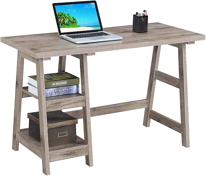 Convenience Concepts Designs2Go Trestle Desk 47 - Modern Desk or Vanity with Shelves for Office Dorm Living Room Sandstone