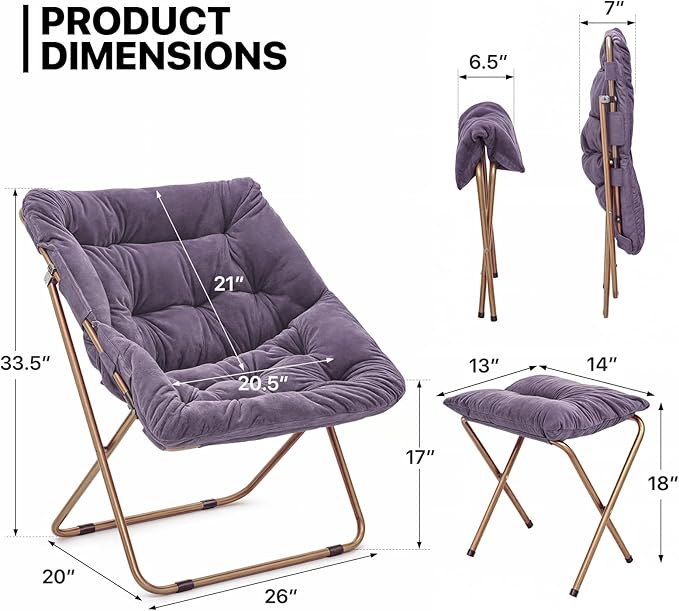 MoNiBloom Square Folding Faux Fur Saucer Chair for Bedroom Living Room Dorm Foldable Metal Frame Oversized Large Comfy Furry Padded Soft Cozy Moon Chair with Footrest Ottoman for Adults (Purple)
