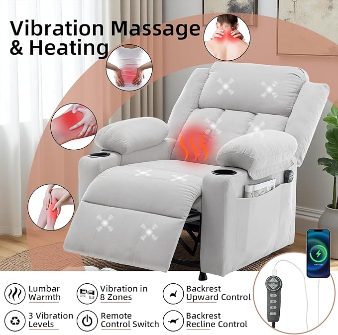 Power Recliner Chair Upholstered Recliner Heating Vibration Massage with Side Pockets Side Table &amp 2 Cup Holders for Living Room &amp Home Theater (Grey)