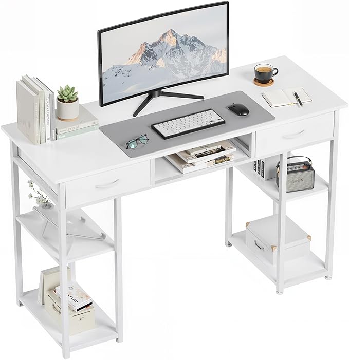 OLIXIS Desk with Storage Fabric Drawers-48 Inch Home Office Computer Desk for Small Space BedroomModern Study Work Gaming Writing Table PC DesksChic White