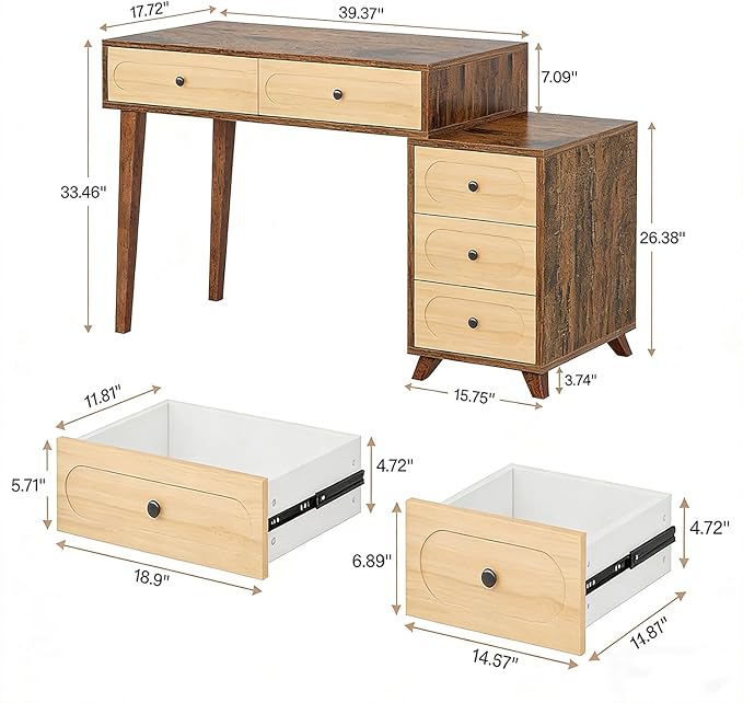 Computer Desk with Adjustable Position Drawers Gaming Desk with Storage Compact Home Office Desks Vanity Desks Without Mirror for Bedroom/Study Writing (Brown)