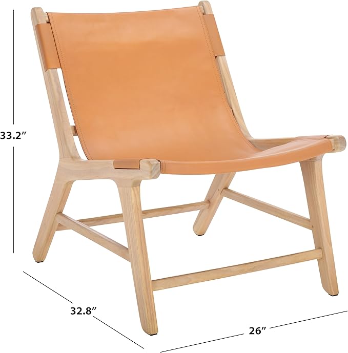 SAFAVIEH Couture Collection - Alanarose Tan &amp Natural Solid Teak Wood Accent Chair Modern Sling Style Leather Seat Fully Assembled (SFV1903D)