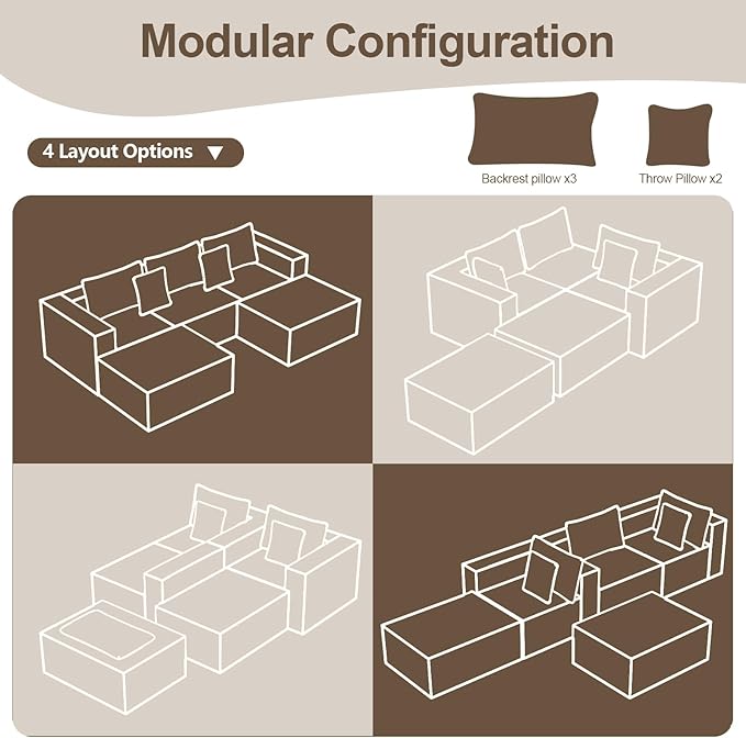 110 Corduroy Boneless Modular Sectional Sofa Cloud Couch with Memory Foam Deep Seats U-Shaped Couches for Living Room Bedroom and Apartment No Assembly Required Beige