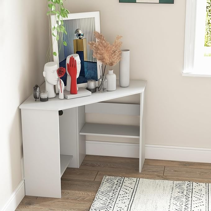 HOMGX Corner Computer Desk Triangle Desk with Storage Shelves Small Corner Desk for Small Spaces Corner Vanity Desk for Home Bedroom Living Room Office (White)