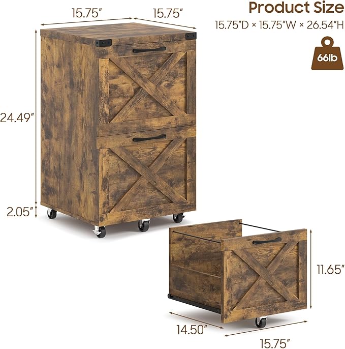 2 Drawer Small File Cabinet with Wheels Farmhouse Vertical Filing Cabinet Fits A4 or Letter Size Under Desk Rolling File Cabinets for Home Office Wooden Printer Stand Brown