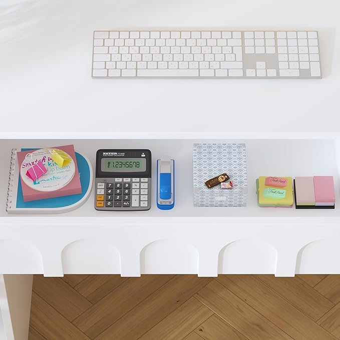 WOODTIME Home Office Computer Desk with Arch Glass Doors Drawers &amp 13 Shelves Modern Wooden Study Writing Gaming Table Workstation White