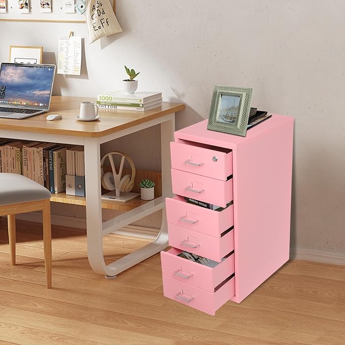 Office File Cabinet w/4 Wheels 6 Drawer Metal Small Vertical File Cabinets w/2 Lock Smooth Edges Mobile Storage Cabinet File Organizer for Home Office Living Room 11 * 16 * 27in (Pink)