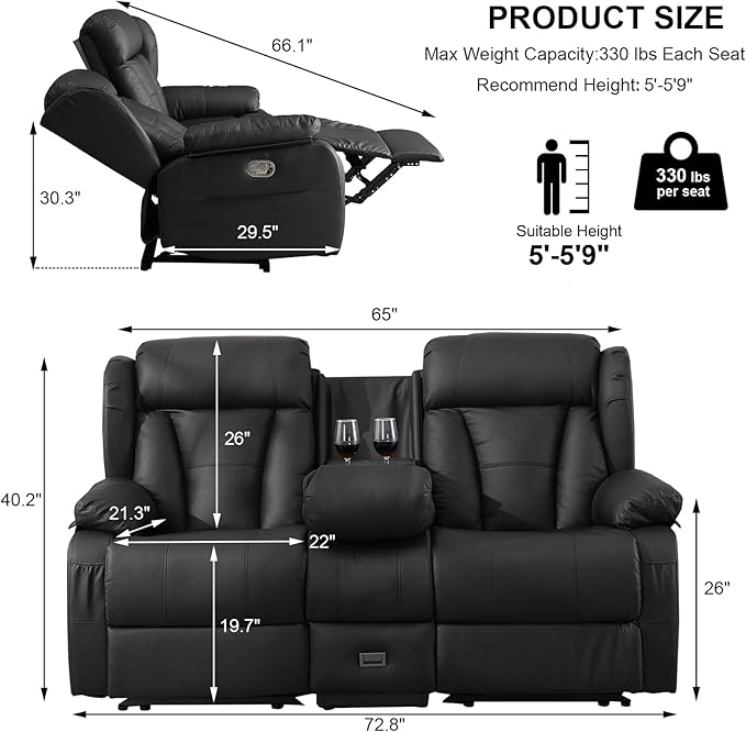 72.8 Manual Reclining Loveseat Sofa - Wall Hugger Double Loveseat Recliner with Console Fold-Down Table and Built-in Outlets Manual Recliner Chair for Living Room RVs Home Theater (Black)