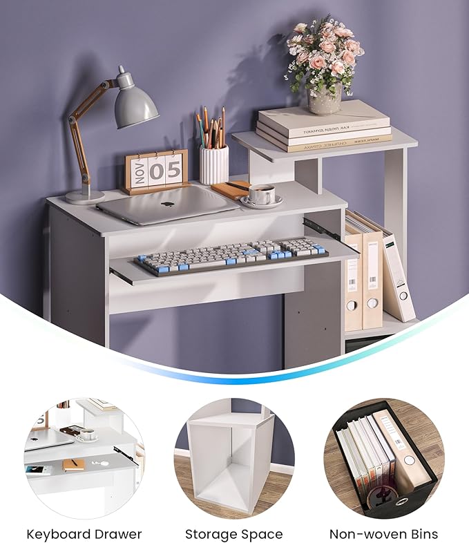 Computer Desk with Storage Working Desk with Keyboard Drawer for Bedroom Home Workstation for Writing Working Studying White