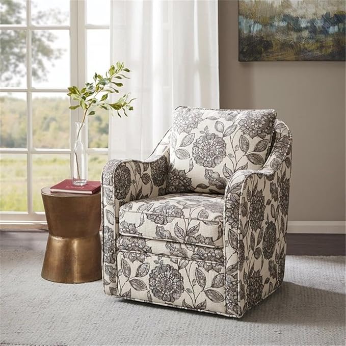 Pemberly Row Swivel Accent Chair 33.25 H x 28.5 W x 32.75 D Solid Wood Frame Multi-Color Floral Upholstery Black Metal Base Rounded Arms Foam Cushion Living Room or Home Office Seating