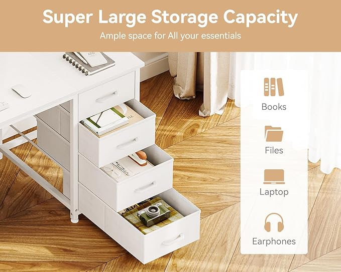 Casaottima 48 Inches Computer Desk with 8 Fabric Drawers Modern Office Desk with Large Storage for Home Office Study White