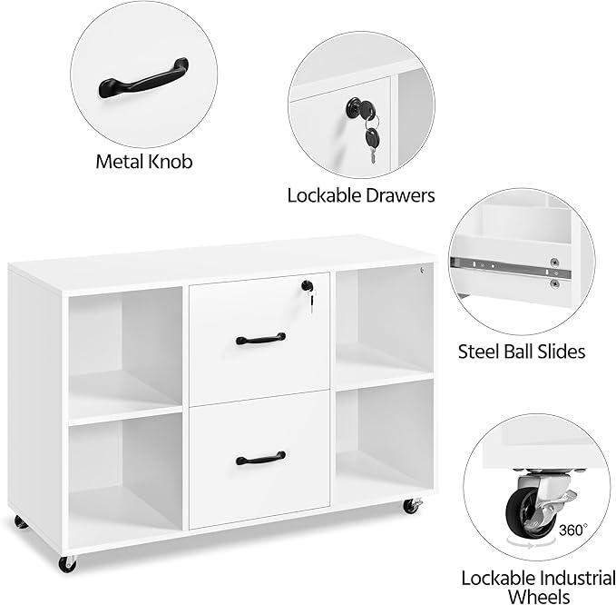 Topeakmart Mobile File Cabinet with 2 Drawers and 4 Open Storage Shelves Large Lateral Filing Cabinet Printer Stand for Home and OfficeWhite