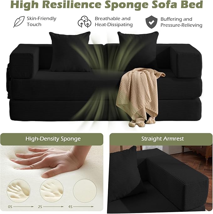 4 in 1 Convertible Sleeper Sofa Bed78’’ Compression Folding Sofa Bed with Pillows &amp Side Pockets Fold Out Floor Couch Boneless Couch for Living Room BedroomBlack