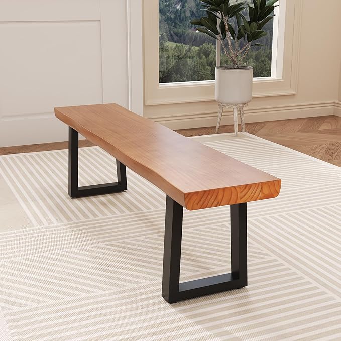 Solid Wood Top Bench with Metal Legs Durable Long Bench for Home Office Living Room Dining Room Versatile Multi Size Options Perfect Chair Stool Dining Bench Dining Chair (Light brown bench 62.99in)