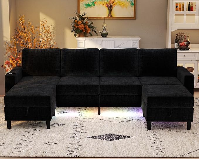 Sectional Couches for Living Room 6 Seat Chenille Sectional Sofa with Smart Module-Wireless Charging/USB/Type-C/RGB Light U Shaped Couch with 2 Movable Storage Ottomans (Black)