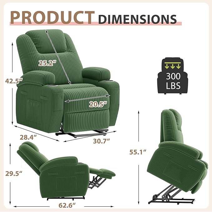 Flamaker Power Lift Chair Massage Recliner Chairs for Elderly Corduroy Ergonomic Design with Cup Holders &amp Side Pockets Remote Control (Green)