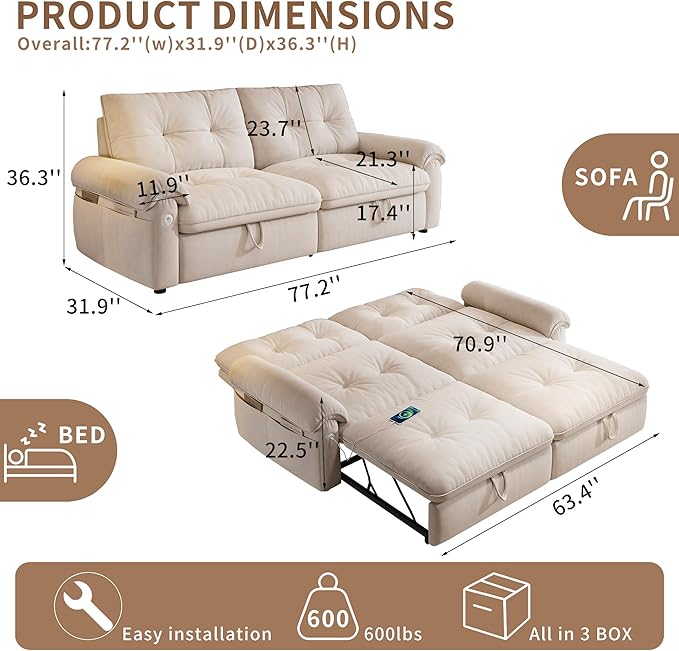 77 Queen Size Sofa Bed Loveseat Sleeper Sofa with Pull Out Bed Pockets and USB Velvet Fabric 2 Seater Convertible Small Couch for Living Room Bedroom Apartment Beige