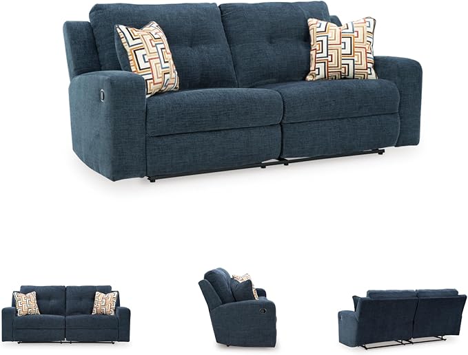 Signature Design by Ashley Danum Modern Manual Pull Tab Reclining Sofa with Tufed Back Cushion Blue
