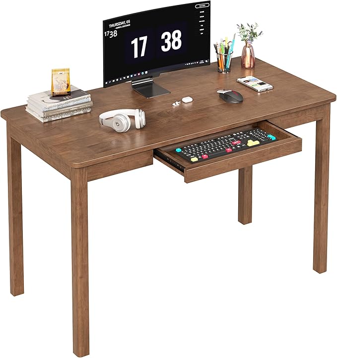 100% Solid Wood Desk with Keyboard Tray - 48 x 24 Inch Computer Desk with Keyboard Tray Mid Century Modern Writing Desks Simple Study Table Home Office Desks for Small Spaces|Bedroom-Walnut