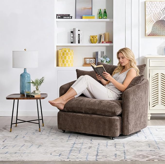 360 Degree Swivel Accent Chair Oversized 37.4 inch Extra Wide Barrel Swivel Chairs with Deep Seat for Living Room Club Reading Bedrooms (Chenille Brown)