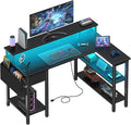 Lufeiya L Shaped Gaming Desk with Fabric Drawers and Storage Shelves 47 inch Home Office Desk with Monitor Stand Computer Desk with LED Lights and Power Outlets Black
