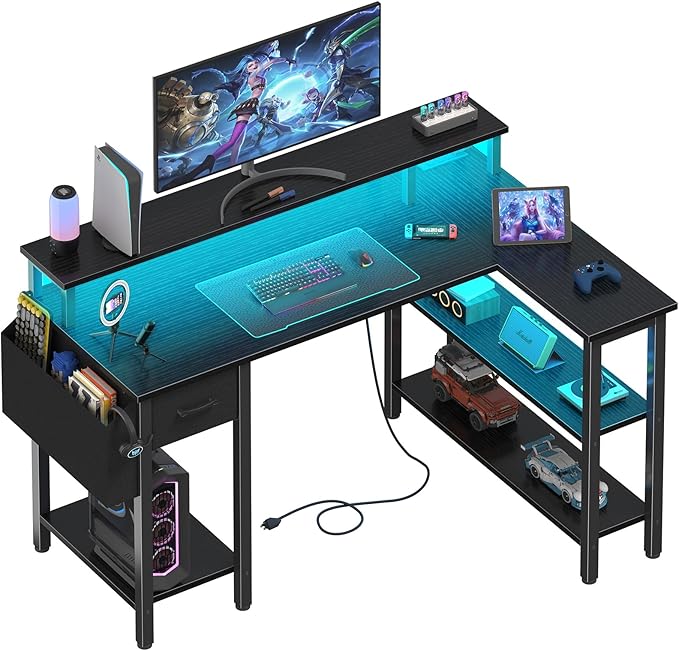 Lufeiya L Shaped Gaming Desk with Fabric Drawers and Storage Shelves 47 inch Home Office Desk with Monitor Stand Computer Desk with LED Lights and Power Outlets Black
