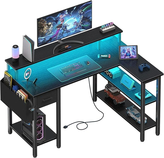 Lufeiya L Shaped Gaming Desk with Fabric Drawers and Storage Shelves 47 inch Home Office Desk with Monitor Stand Computer Desk with LED Lights and Power Outlets Black