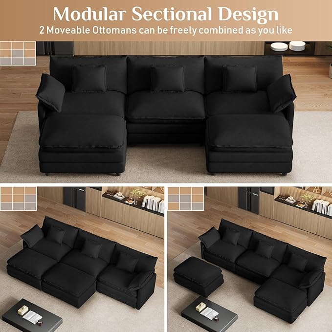 114 U Shaped Cloud Couch Sectionals Oversized Sectional Couches for Living Room Modular Couch Large Velvet Cloud Sofa with Movable Ottoman Black