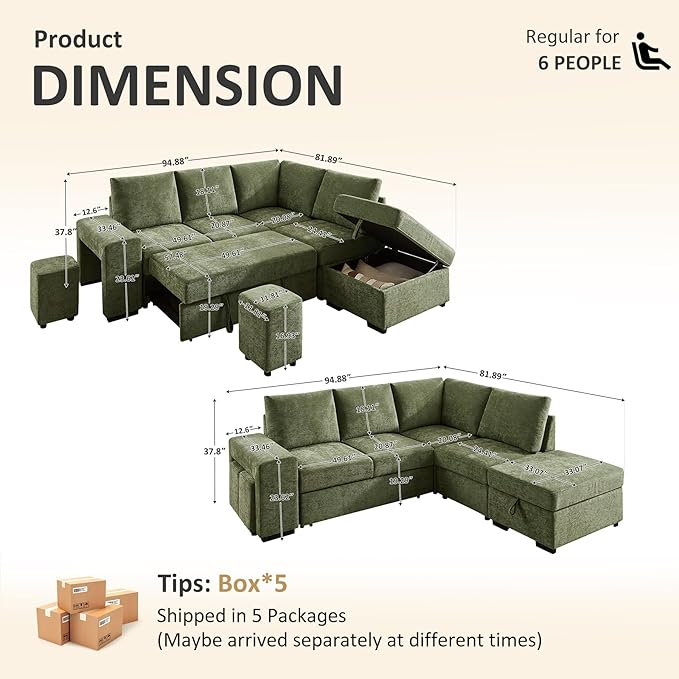 VANOMi 94 Sectional Sleeper Sofa with Pull Out Couch Comfy 6 Seater L Shaped Modular Sofa with Storage Ottoman Modern Convertible Chenille Cloud Couches for Living Room Apartment Olive