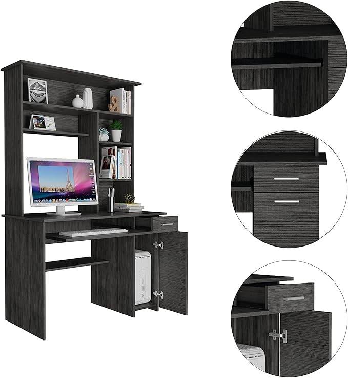 Smokey Oak 2-Drawer 7-Shelf Computer Desk with Hutch Home Office Desk for Home Office Living Room