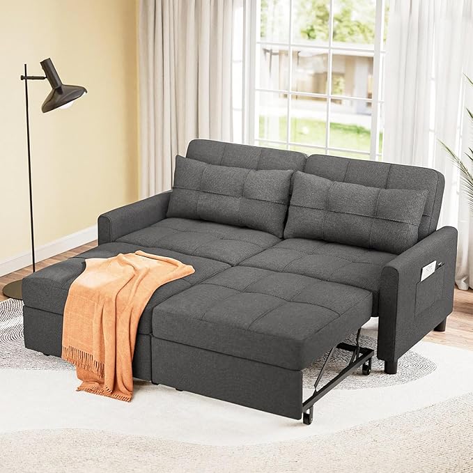 Aiho 58 Sleeper Sofa Bed Pull-Out Couch with Adjustable Backrest and Side Pocket for Living Room (Dark Gray)