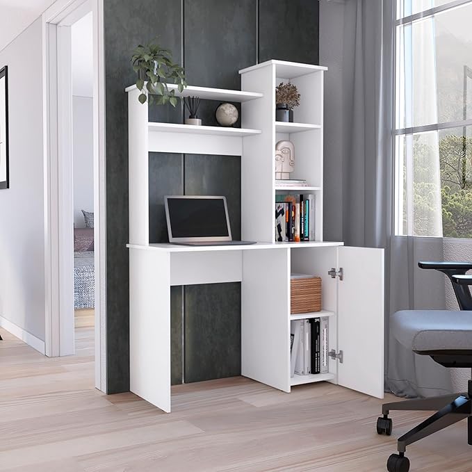 Penau Computer Desk with Ample Work Surface Stylish Hutch Storage and Door Cabinet Black Ideal for Home Office